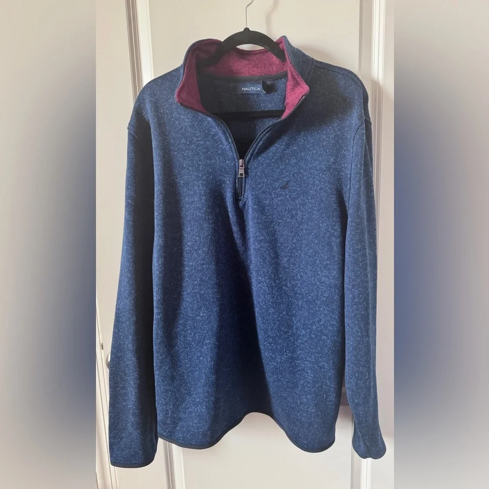 Nautica Blue with Burgundy Pull Over Quarter Zip-Up Sweater-XL